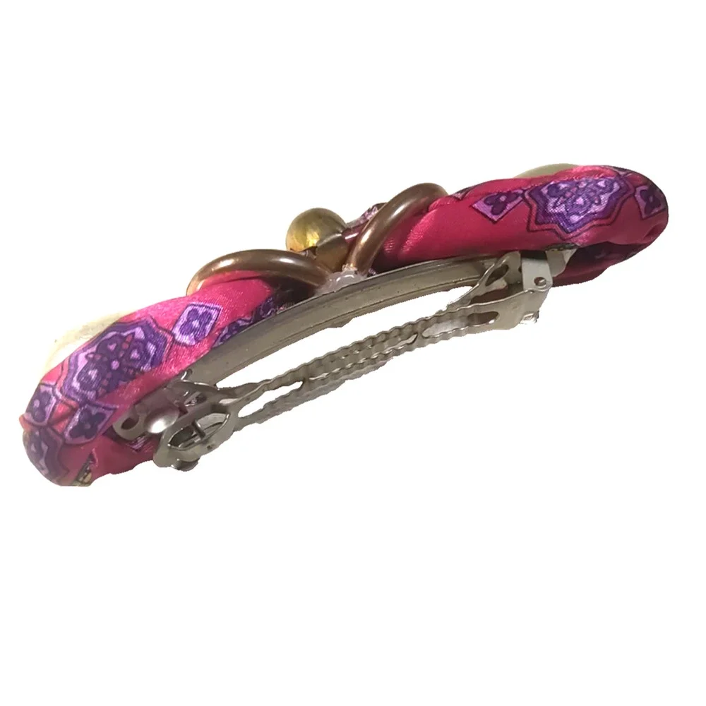 Home Made Hair Barrette Tension Clip Faux Pearls Gold Tone Red